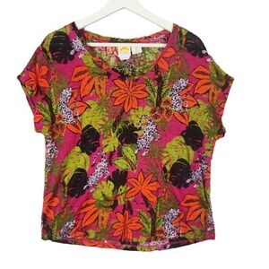 C&C California Womens Boho Tropical Linen Top S Pink Leopard Floral Short Sleeve